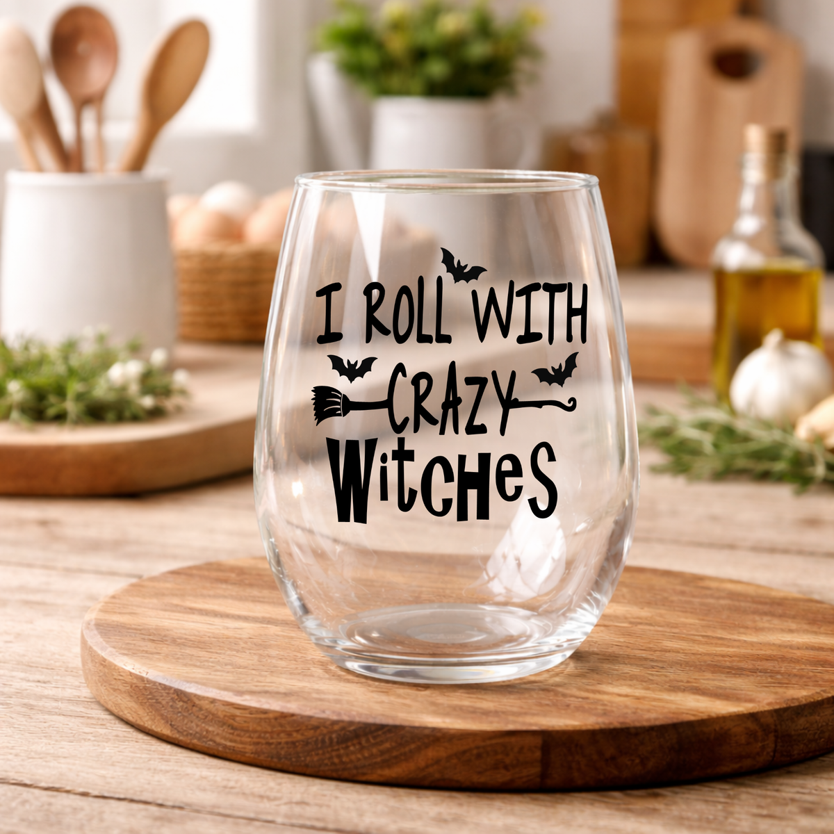 I Roll With Crazy Witches Stemless Wine Glass – Funny Halloween Wine Glass