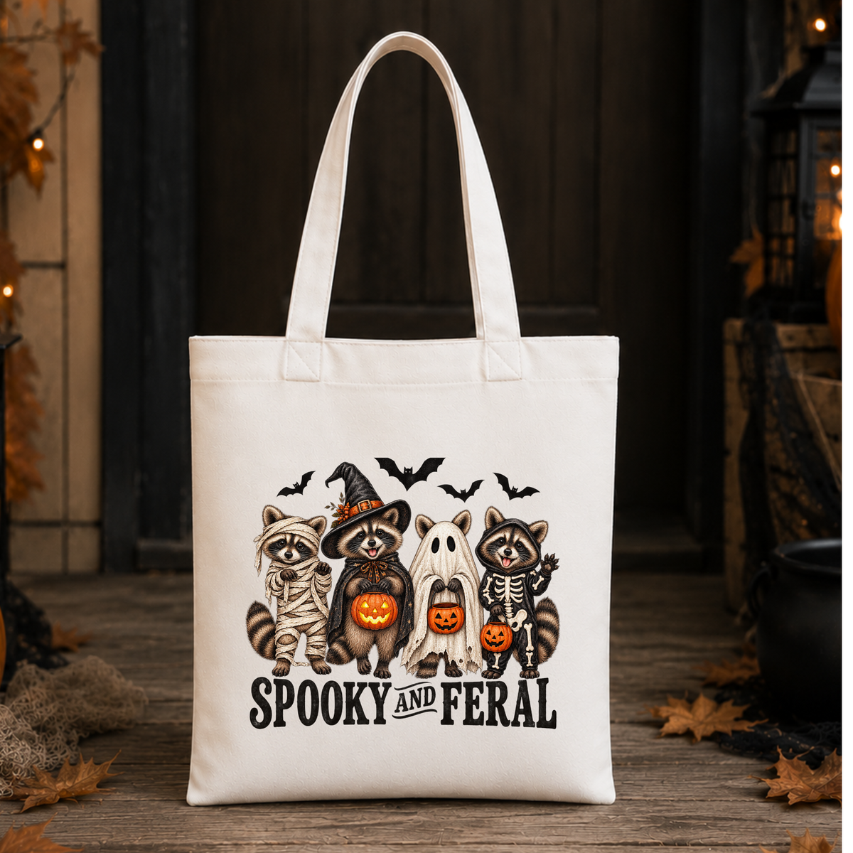 Spooky & Feral Halloween Canvas Tote Bag ā Raccoon Trick or Treat Bag