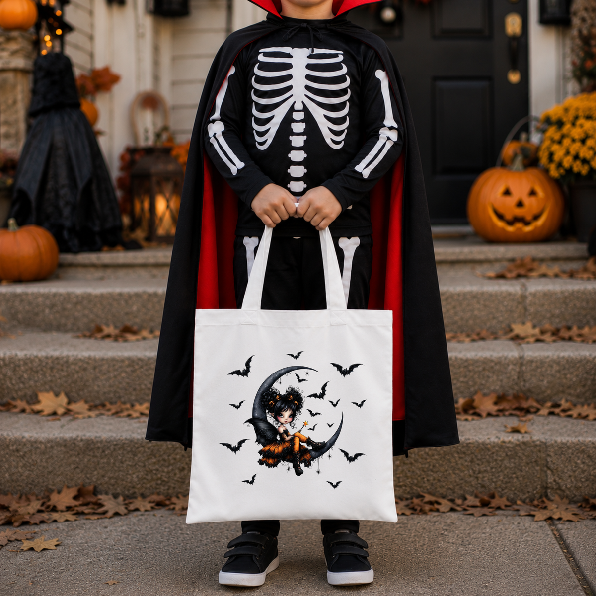 Halloween Canvas Tote Bag – Cute Witch & Bats Trick or Treat Bag