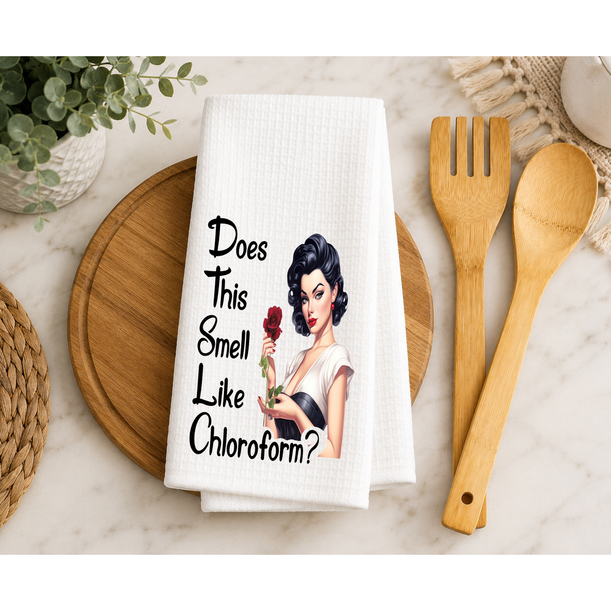 Funny Kitchen Waffle Towel – Does This Smell Like Chloroform? Retro Humor Dish Towel