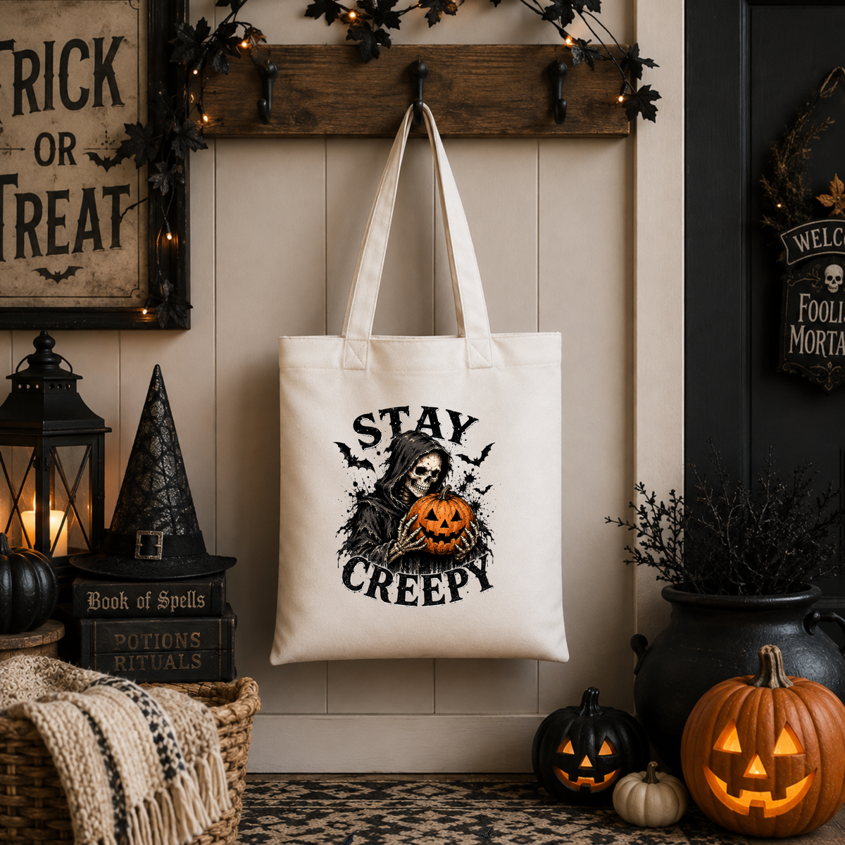 Stay Creepy Halloween Canvas Tote Bag – Skeleton Pumpkin Gothic Bag