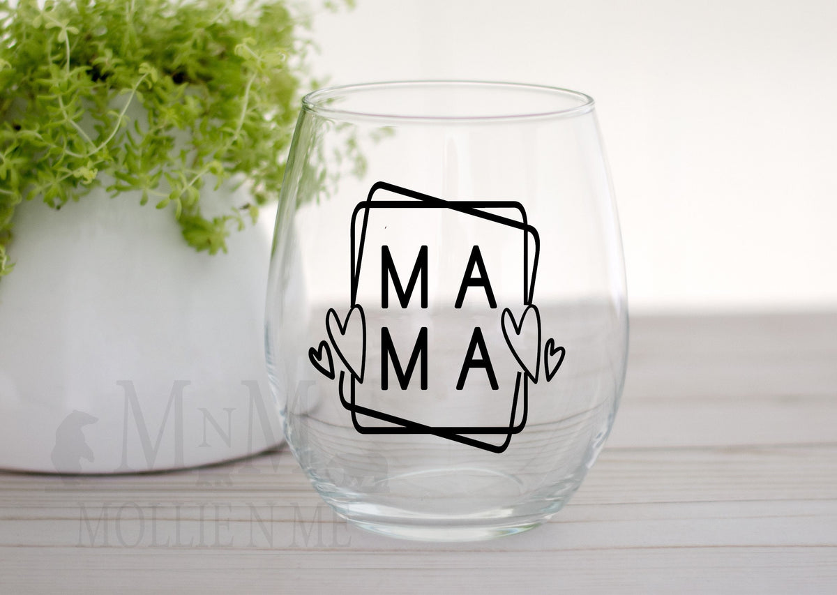 Mama Stemless Wine Glass, Modern Heart Design, Thoughtful Mom Gift