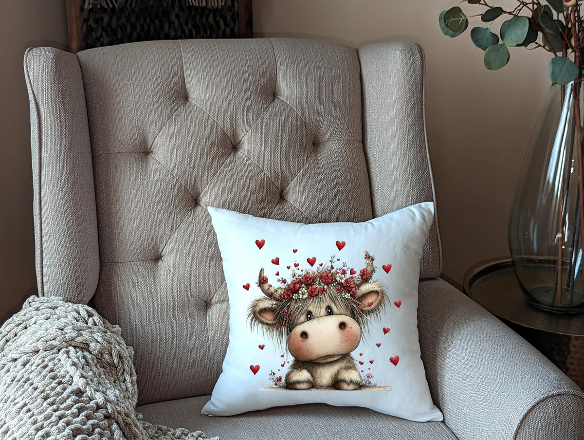 Highland Cow Pillow Cover – Valentine Heart Farmhouse Throw Pillow Decor