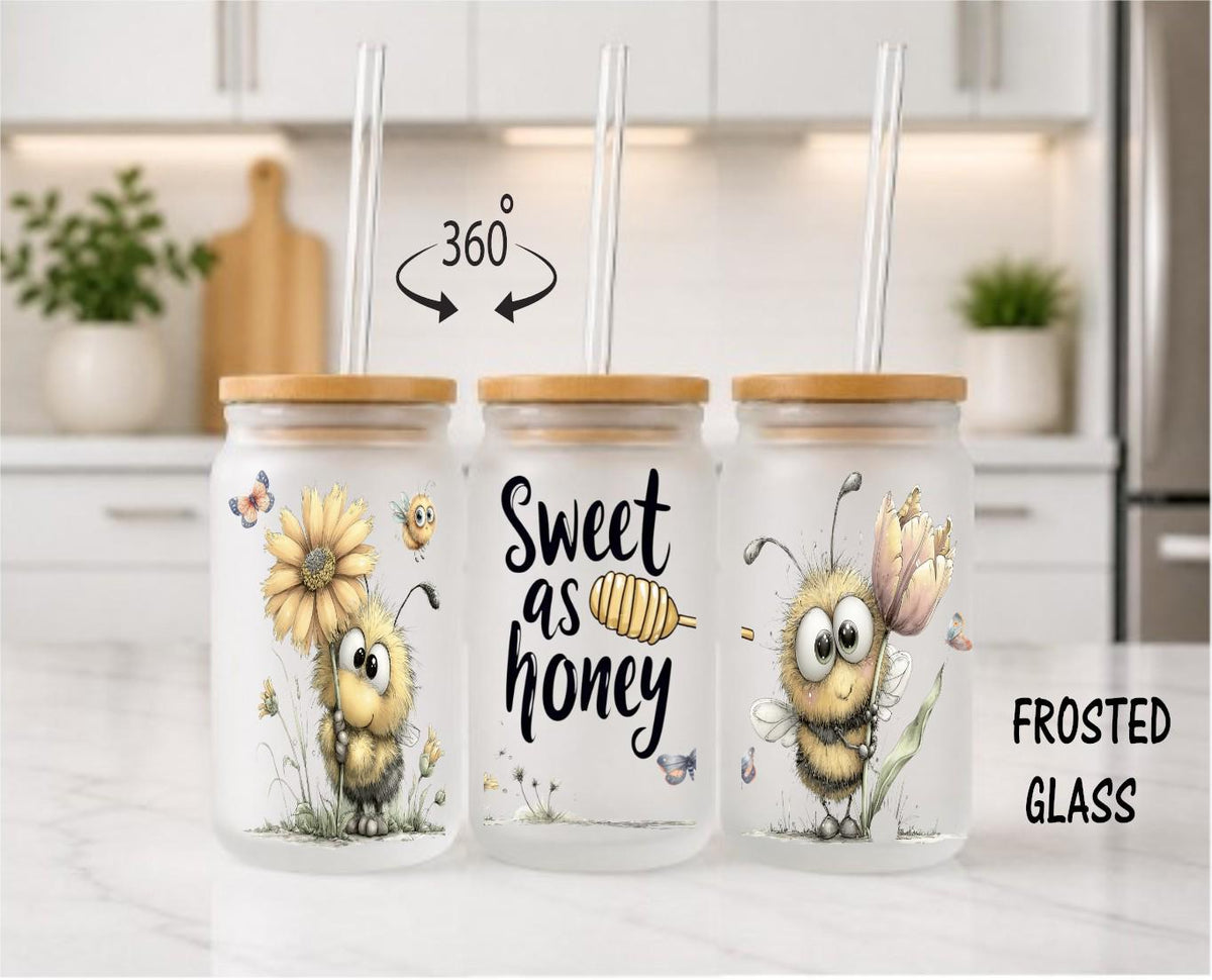 Sweet as Honey Bee 16 oz Glass Can – Bamboo Lid & Glass Straw