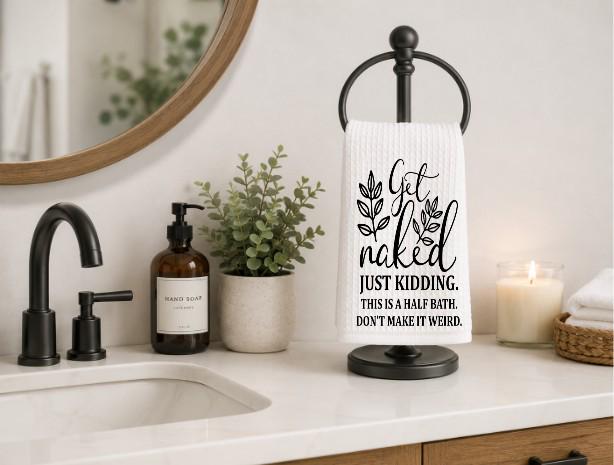 Funny 'Get Naked' Waffle Weave Hand Towel: Half Bath Decor