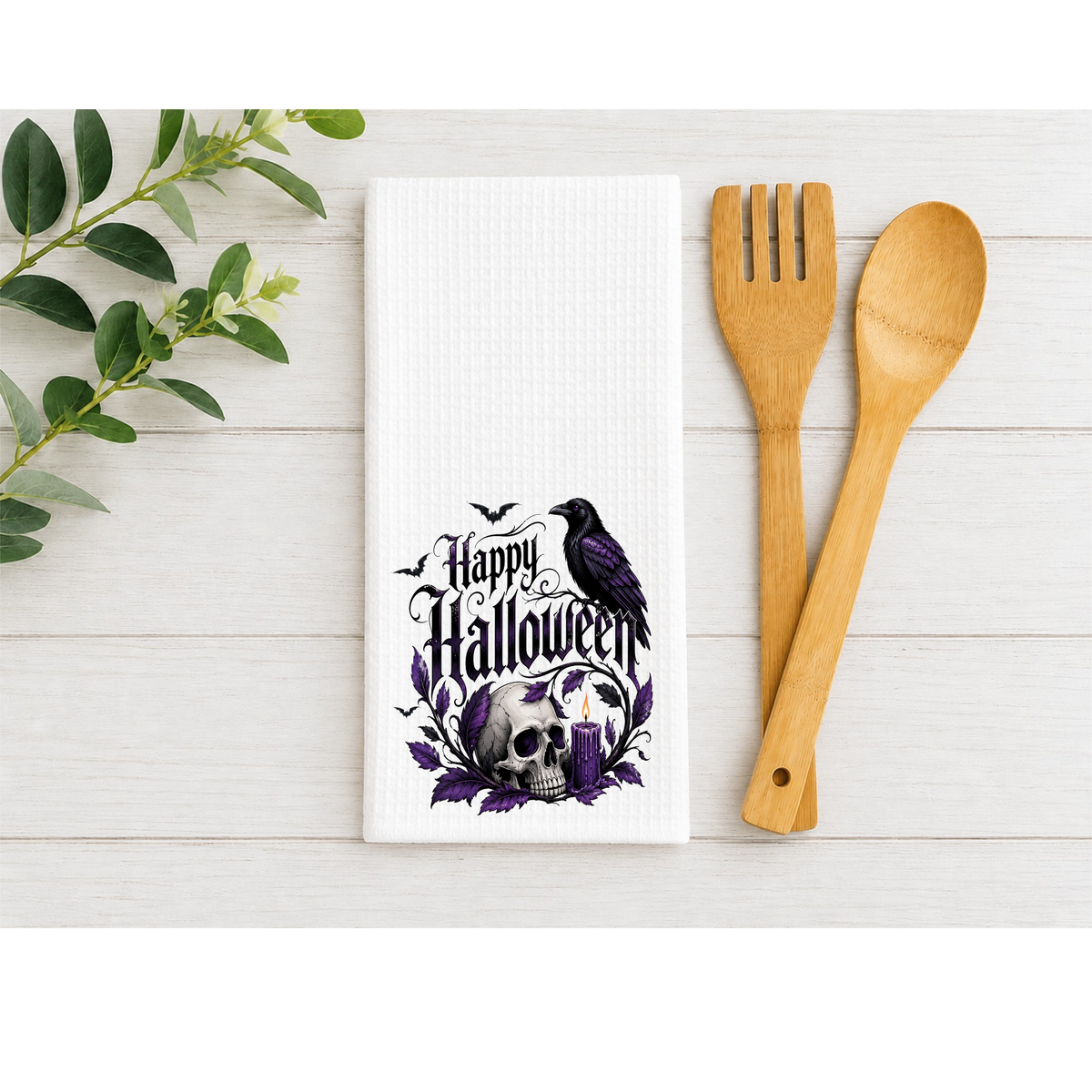 Happy Halloween Gothic Raven Skull Waffle Kitchen Towel