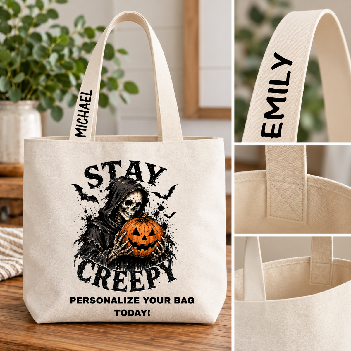 Stay Creepy Halloween Canvas Tote Bag – Skeleton Pumpkin Gothic Bag