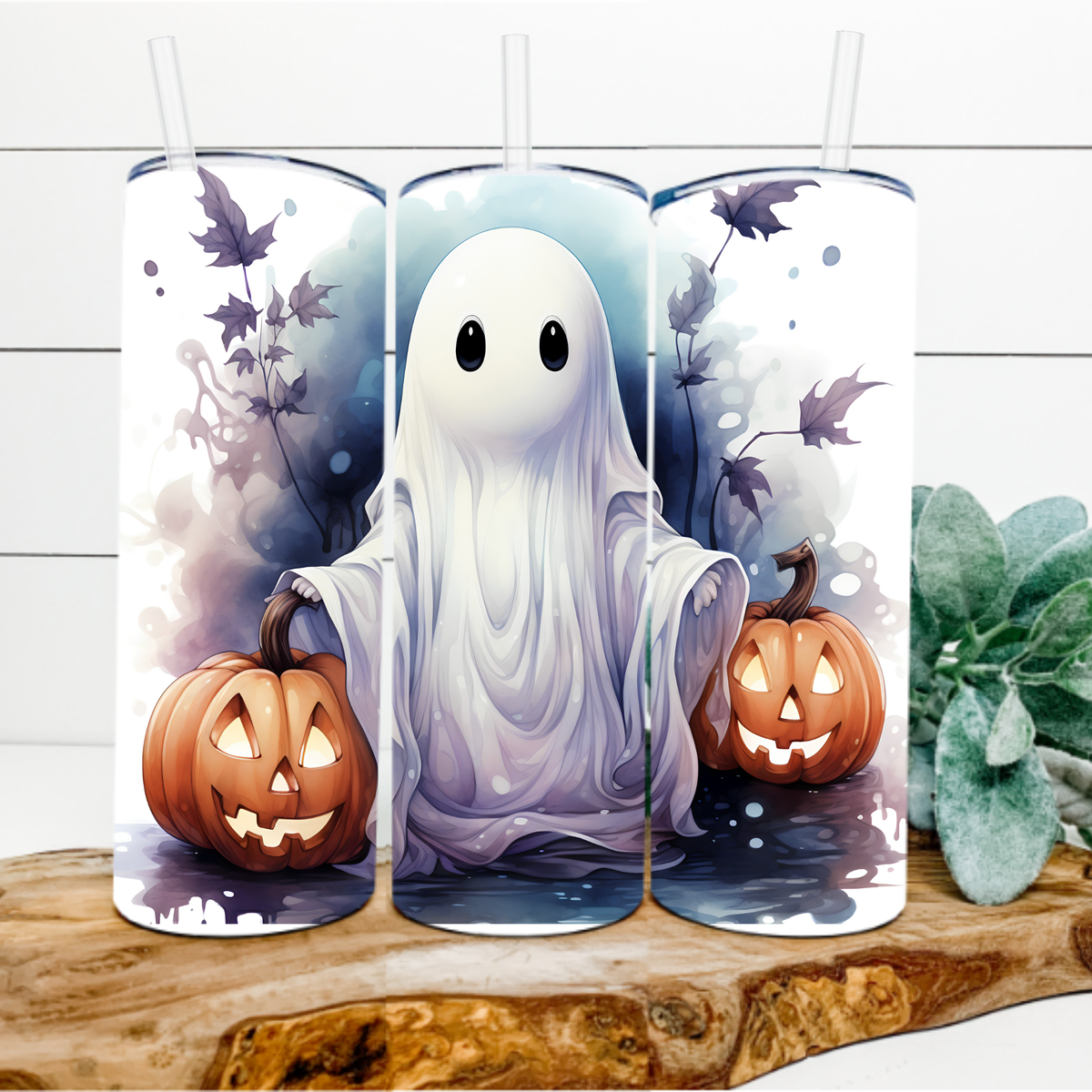 Halloween Ghost Tumbler – 20oz Skinny Stainless Steel Cup with Lid & Straw