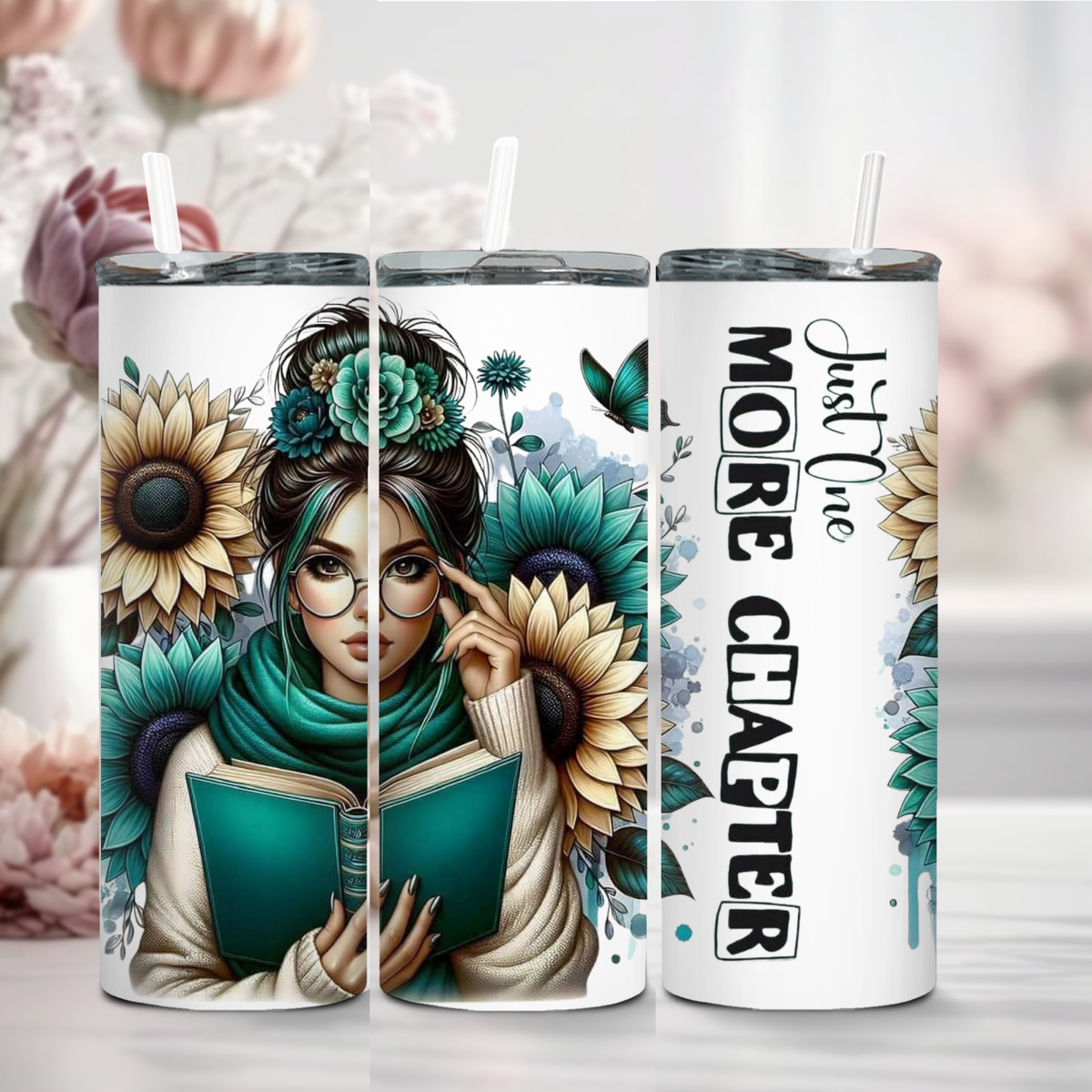 Just One More Chapter 20oz Tumbler – Book Lover Sunflower Travel Cup
