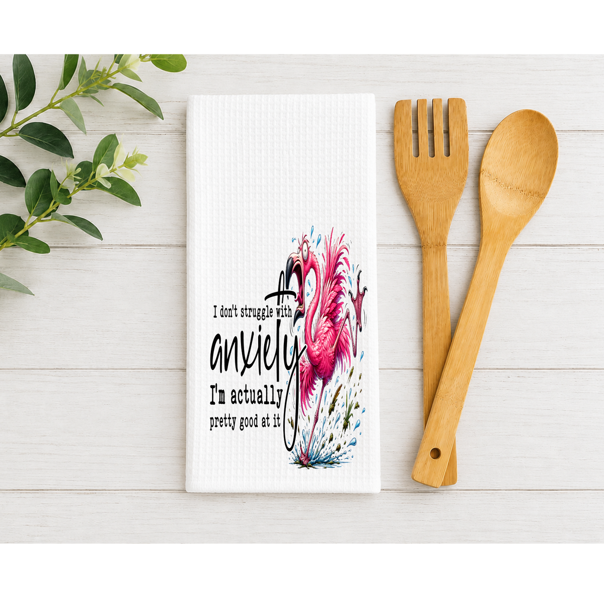 Funny Flamingo Kitchen Towel – I Don't Struggle With Anxiety Waffle Dish Towel, Sarcastic Kitchen Decor