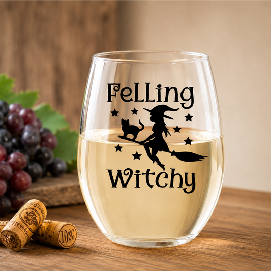 Feeling Witchy Stemless Wine Glass – Halloween Witch Glass