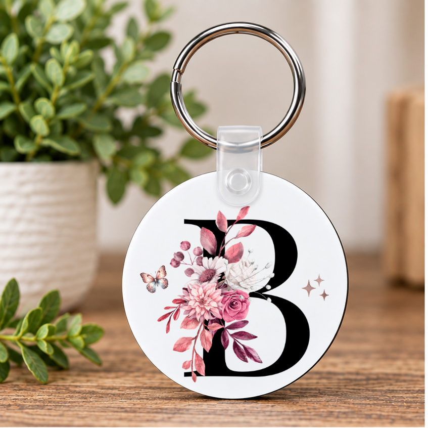 Floral Initial Keychain, Personalized Boho Letter Monogram Keyring