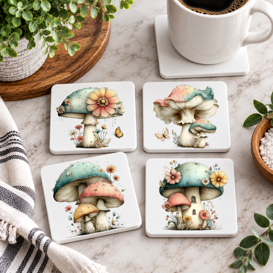 Whimsical Mushroom Coasters – Floral Cottagecore Drink Coaster Set