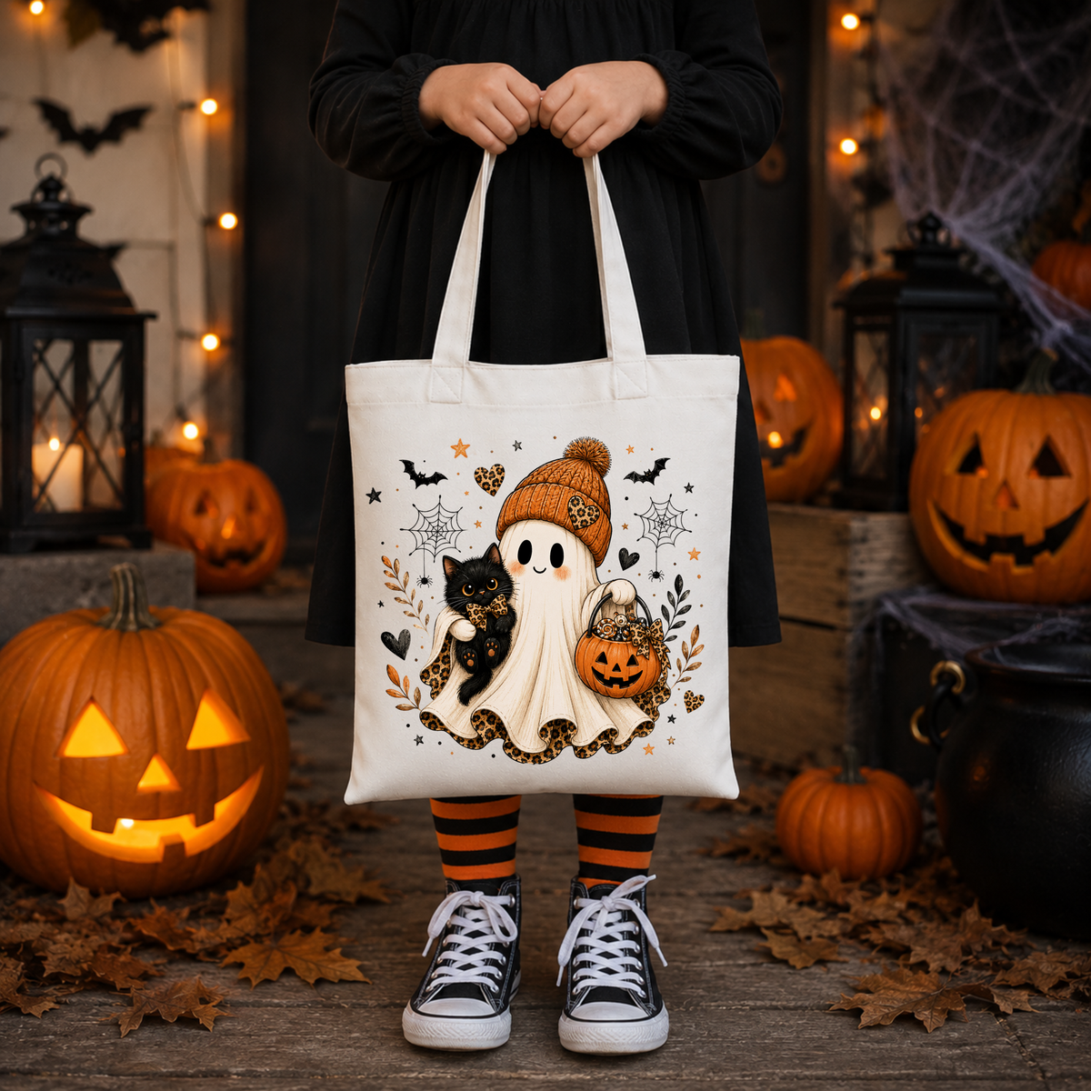 Personalized Halloween Trick or Treat Bag – Ghost & Black Cat Tote