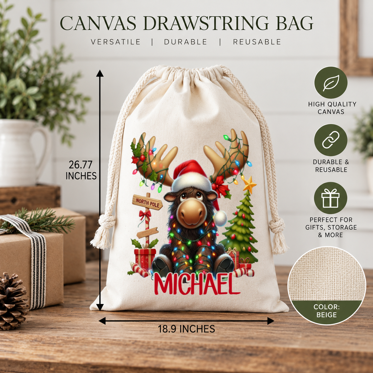 Personalized Christmas Moose Gift Bag – Custom Name Holiday Drawstring Sack