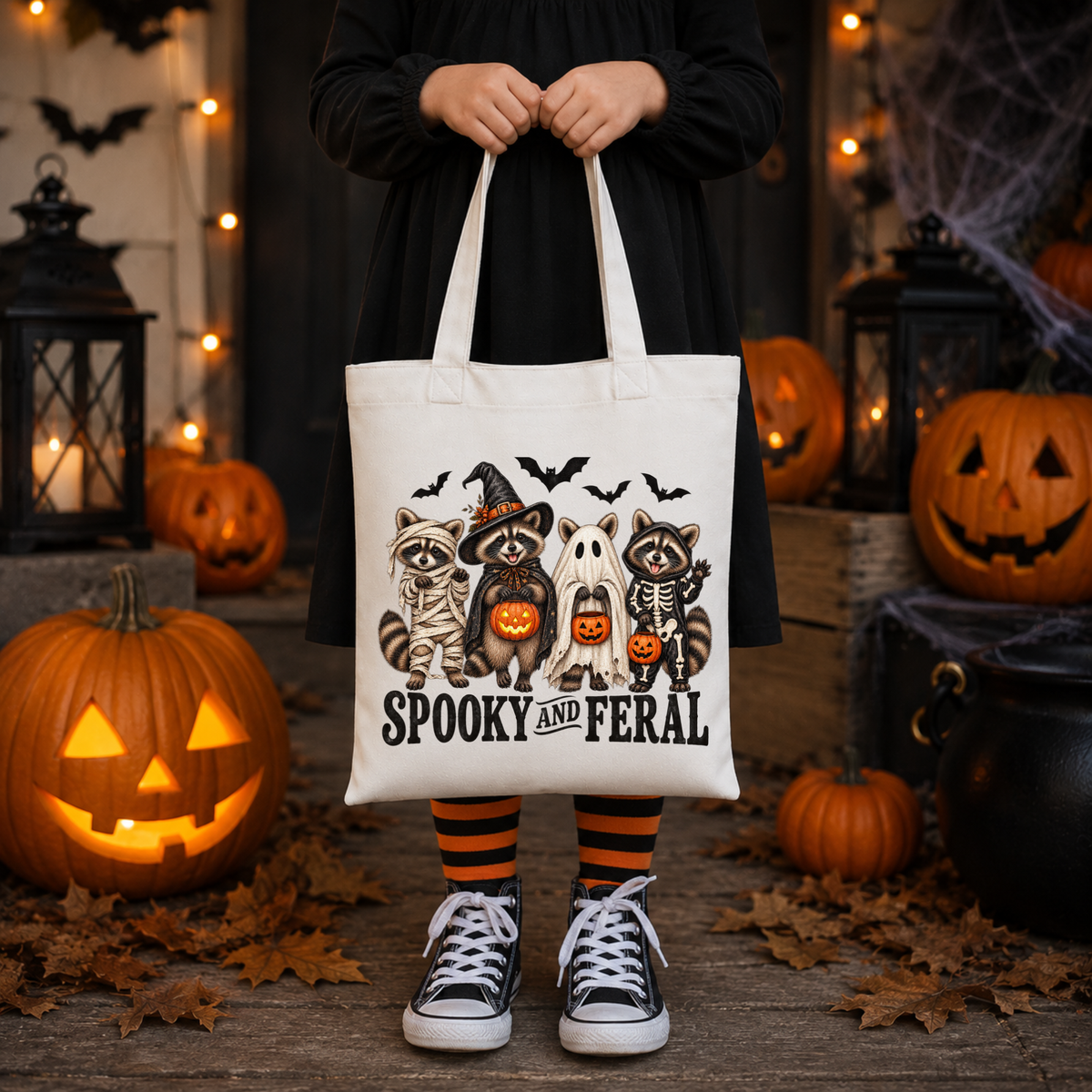 Spooky & Feral Halloween Canvas Tote Bag – Raccoon Trick or Treat Bag