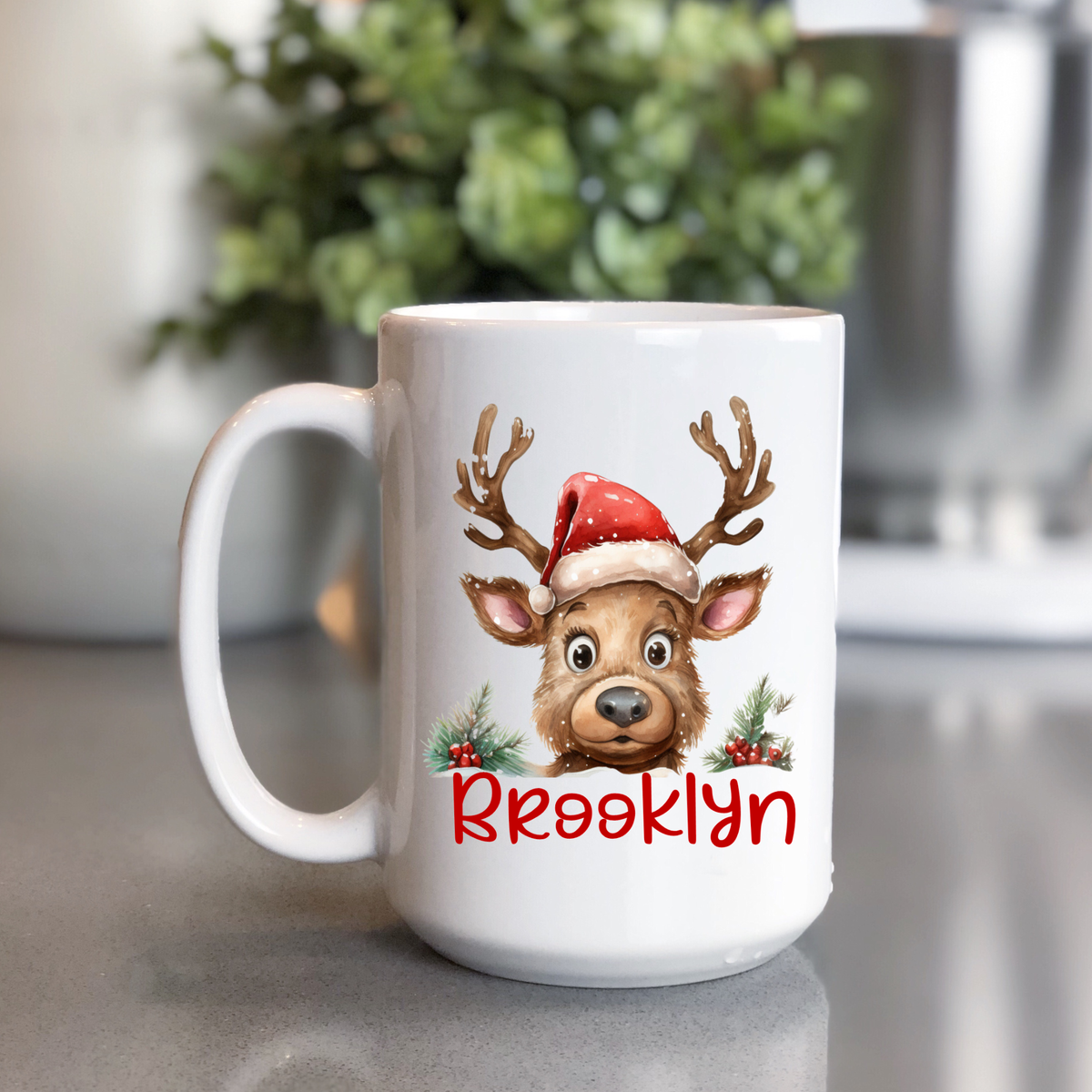 Personalized Christmas Reindeer Mug – Custom Name Coffee Cup, Cute Holiday Gift for Kids & Family