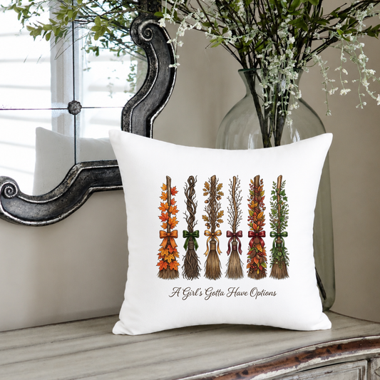 Fall Broom Pillow Cover – “A Girl’s Gotta Have Options” Autumn Witch Home Decor