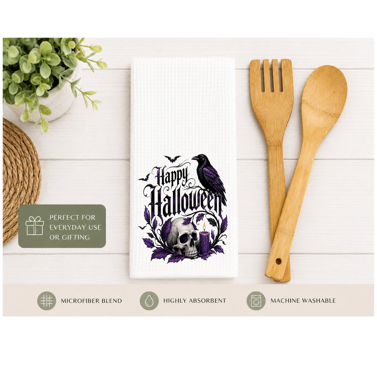 Happy Halloween Gothic Raven Skull Waffle Kitchen Towel