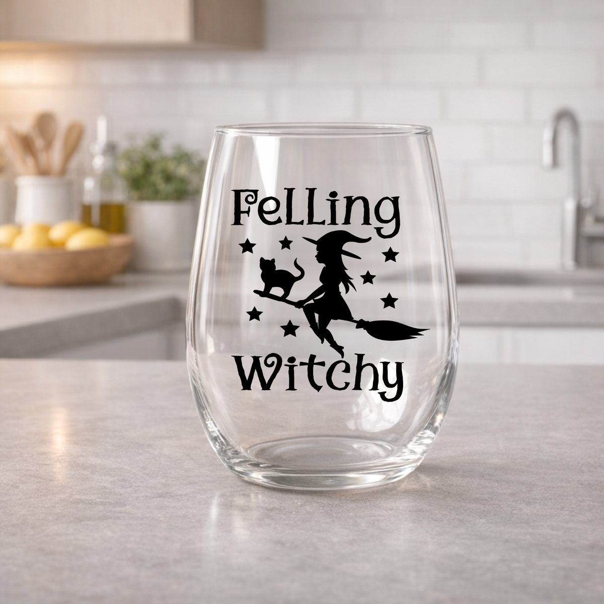 Feeling Witchy Stemless Wine Glass – Halloween Witch Glass