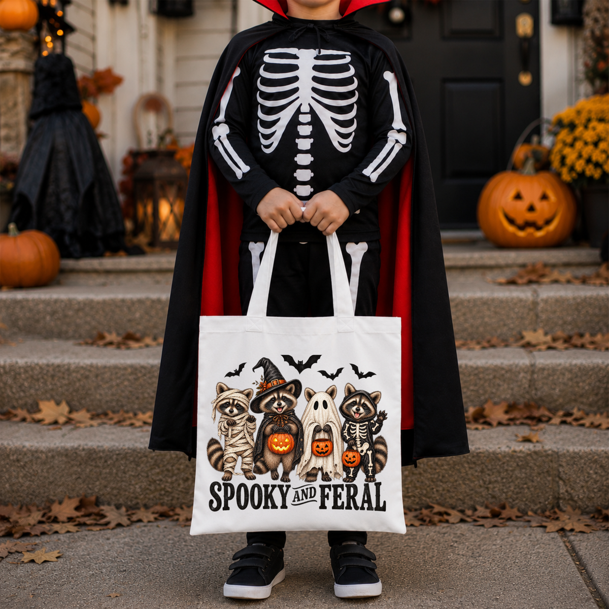 Spooky & Feral Halloween Canvas Tote Bag – Raccoon Trick or Treat Bag