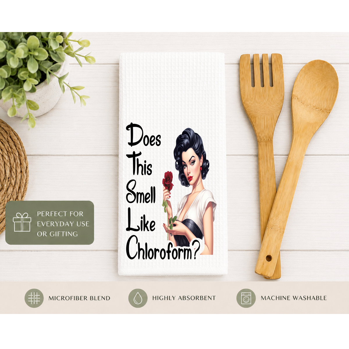 Funny Kitchen Waffle Towel – Does This Smell Like Chloroform? Retro Humor Dish Towel