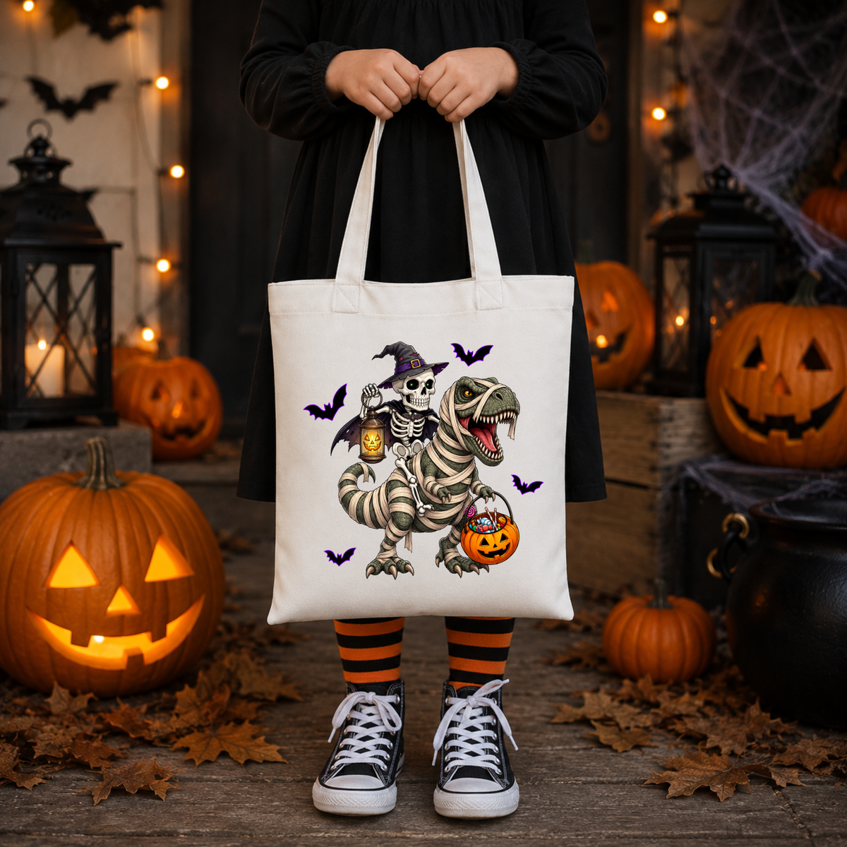 Halloween Dinosaur Tote Bag – Skeleton & Mummy T-Rex Trick or Treat Bag