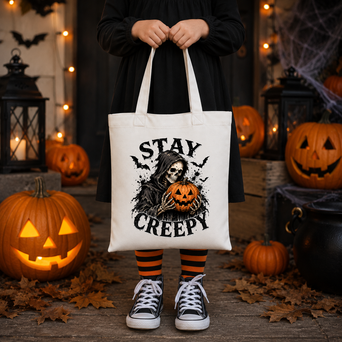 Stay Creepy Halloween Canvas Tote Bag – Skeleton Pumpkin Gothic Bag