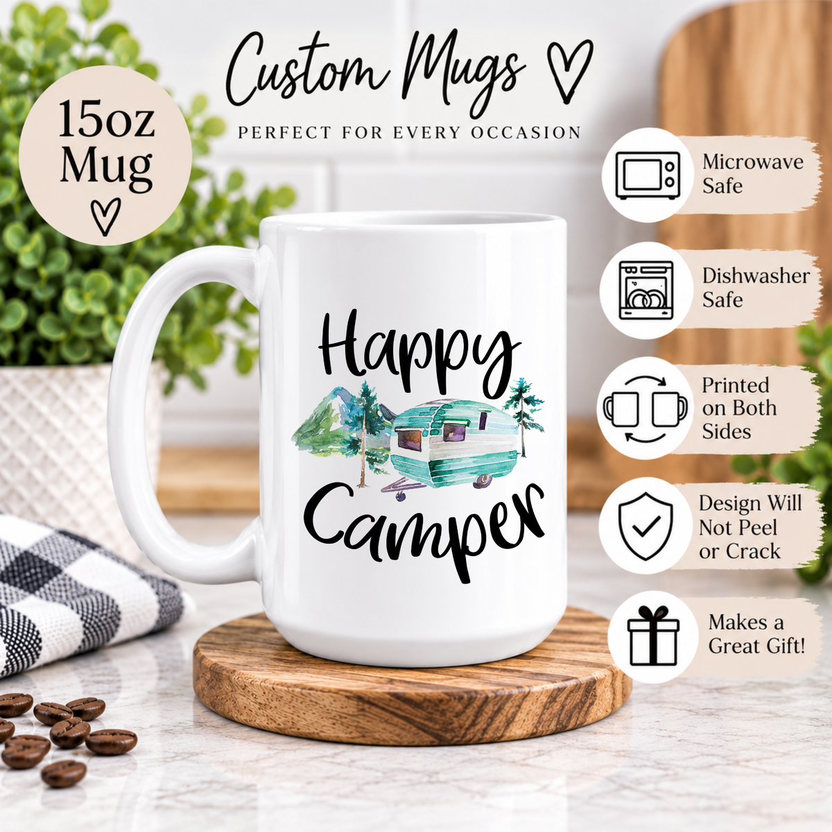 Happy Camper Coffee Mug – Vintage Camper Camping Mug, RV & Travel Trailer Gift