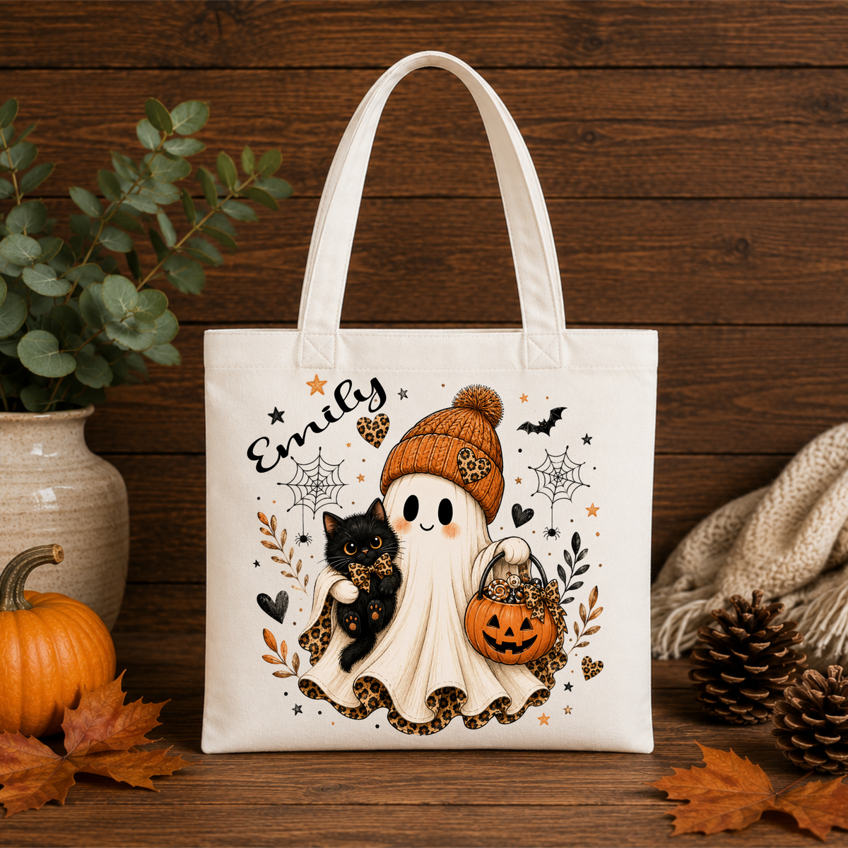 Personalized Halloween Trick or Treat Bag – Ghost & Black Cat Tote