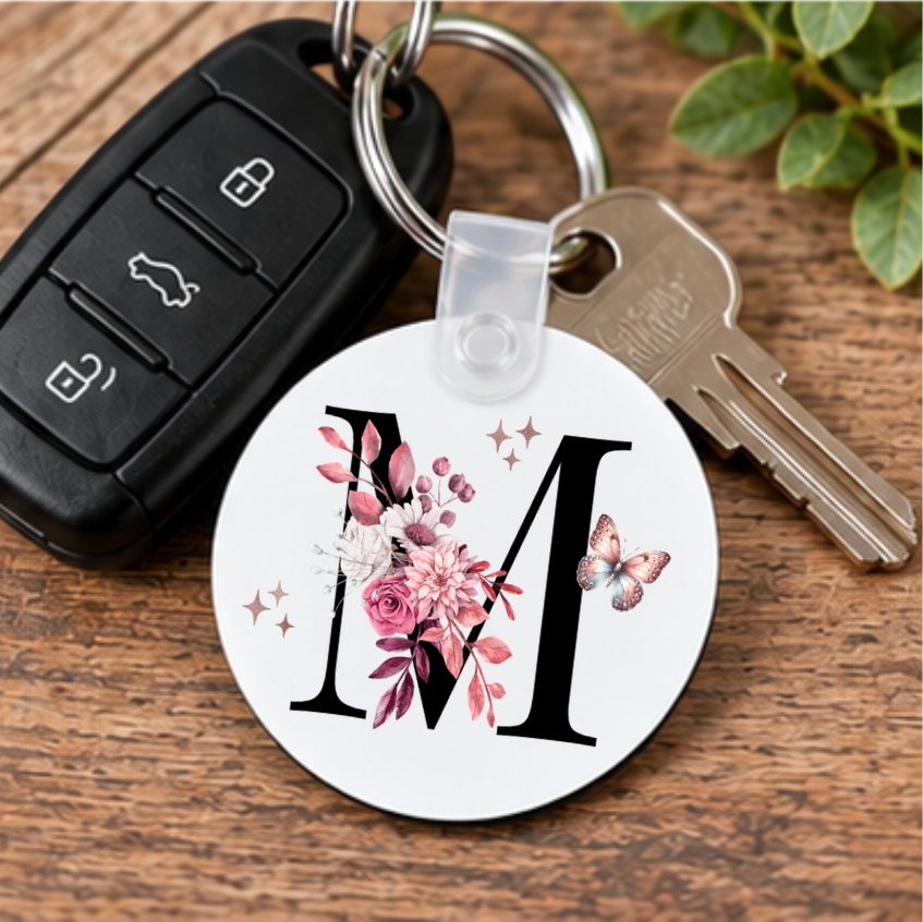 Floral Initial Keychain, Personalized Boho Letter Monogram Keyring