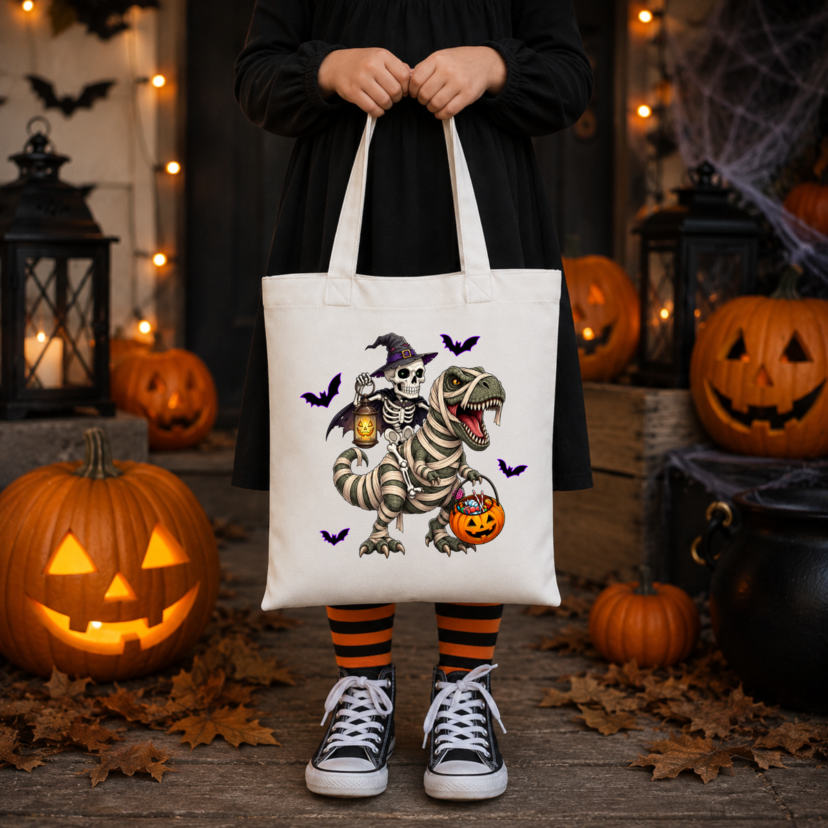 Halloween Dinosaur Tote Bag – Skeleton & Mummy T-Rex Trick or Treat Bag