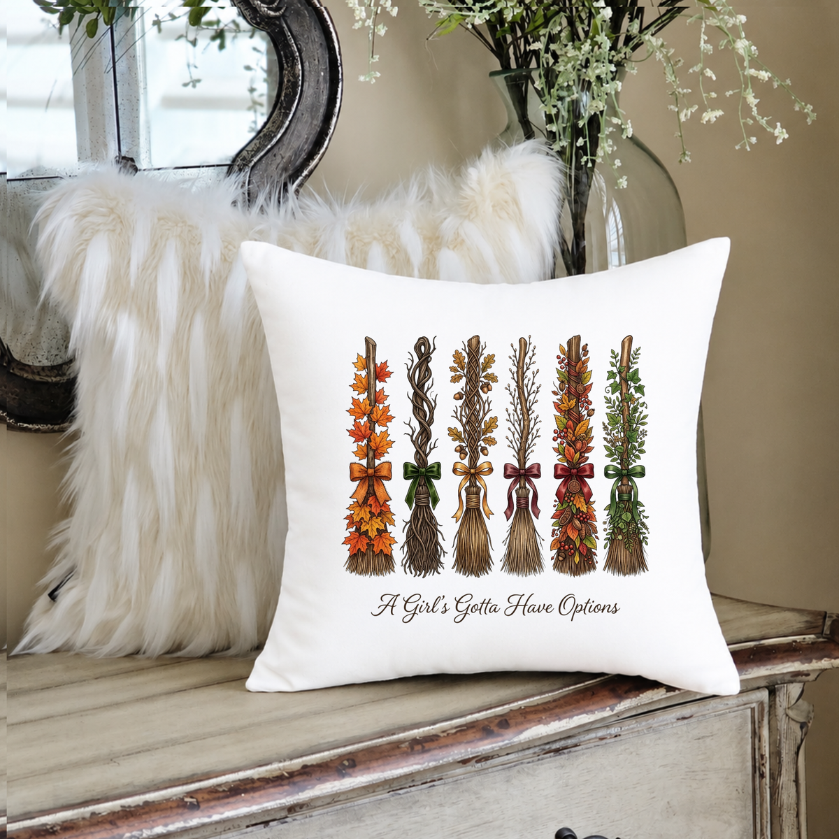 Fall Broom Pillow Cover – “A Girl’s Gotta Have Options” Autumn Witch Home Decor