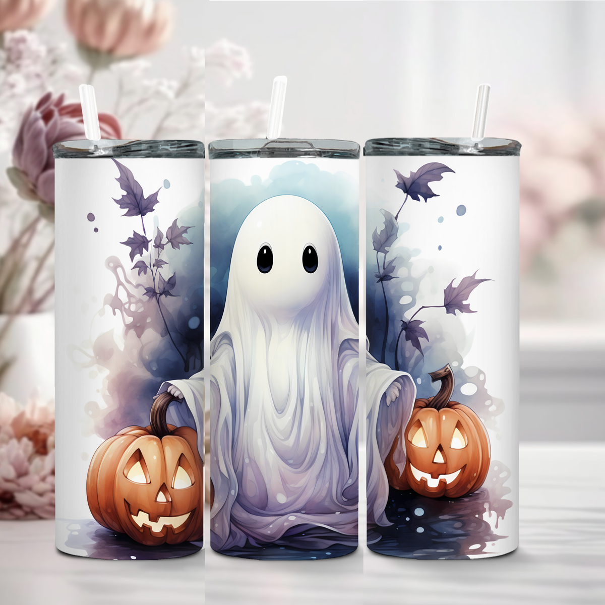 Halloween Ghost Tumbler – 20oz Skinny Stainless Steel Cup with Lid & Straw