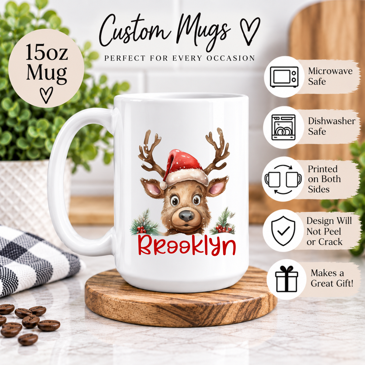 Personalized Christmas Reindeer Mug – Custom Name Coffee Cup, Cute Holiday Gift for Kids & Family