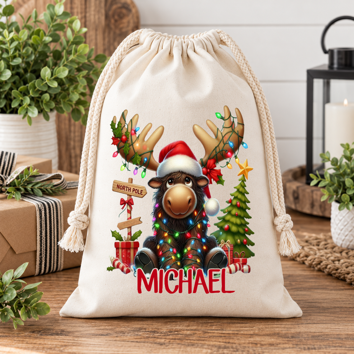 Personalized Christmas Moose Gift Bag – Custom Name Holiday Drawstring Sack