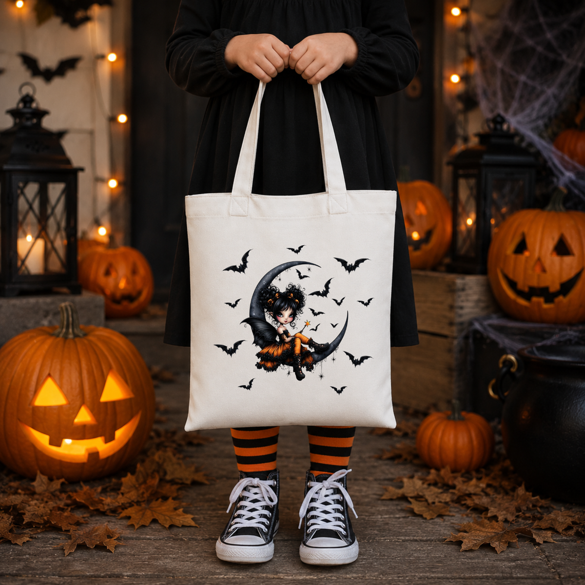 Halloween Canvas Tote Bag – Cute Witch & Bats Trick or Treat Bag