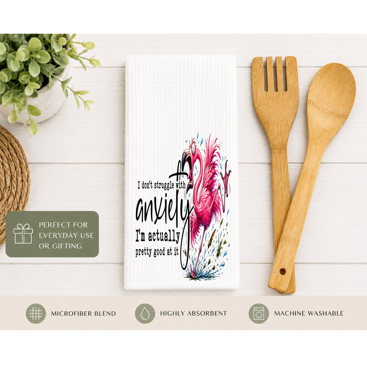 Funny Flamingo Kitchen Towel – I Don't Struggle With Anxiety Waffle Dish Towel, Sarcastic Kitchen Decor