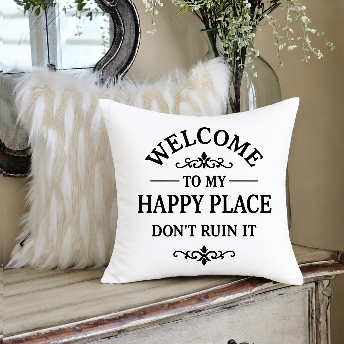 Welcome to My Happy Place Pillow Cover – Funny Farmhouse Decorative Throw Pillow