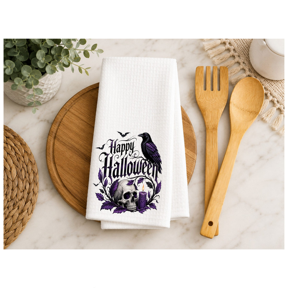 Happy Halloween Gothic Raven Skull Waffle Kitchen Towel