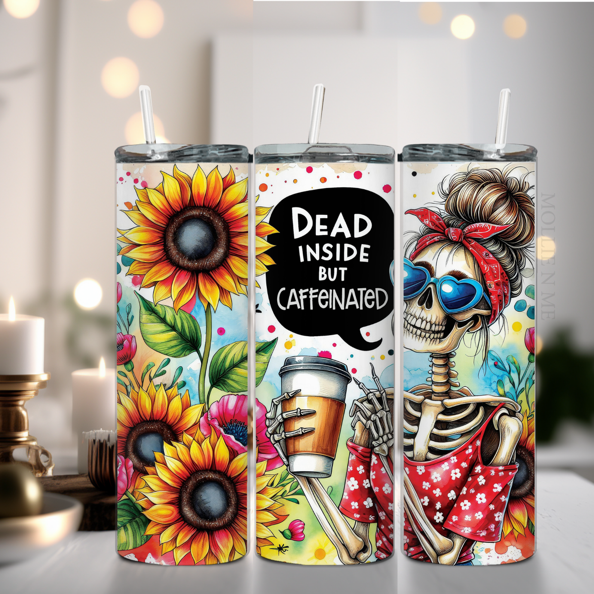Dead Inside But Caffeinated 20oz Skinny Tumbler – Sunflower Skeleton Coffee Cup