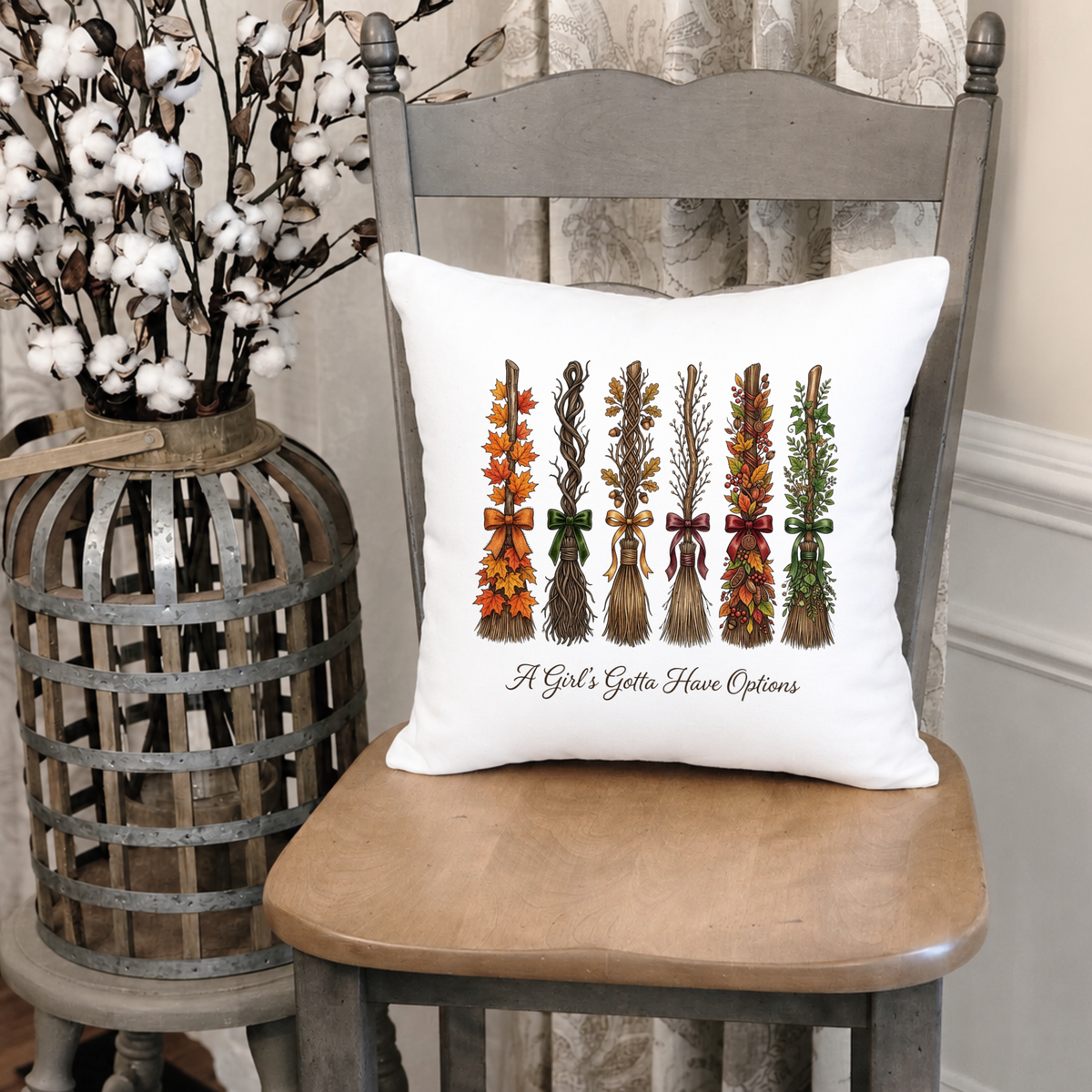 Fall Broom Pillow Cover – “A Girl’s Gotta Have Options” Autumn Witch Home Decor