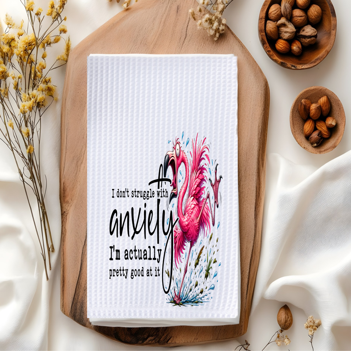 Funny Flamingo Kitchen Towel – I Don't Struggle With Anxiety Waffle Dish Towel, Sarcastic Kitchen Decor