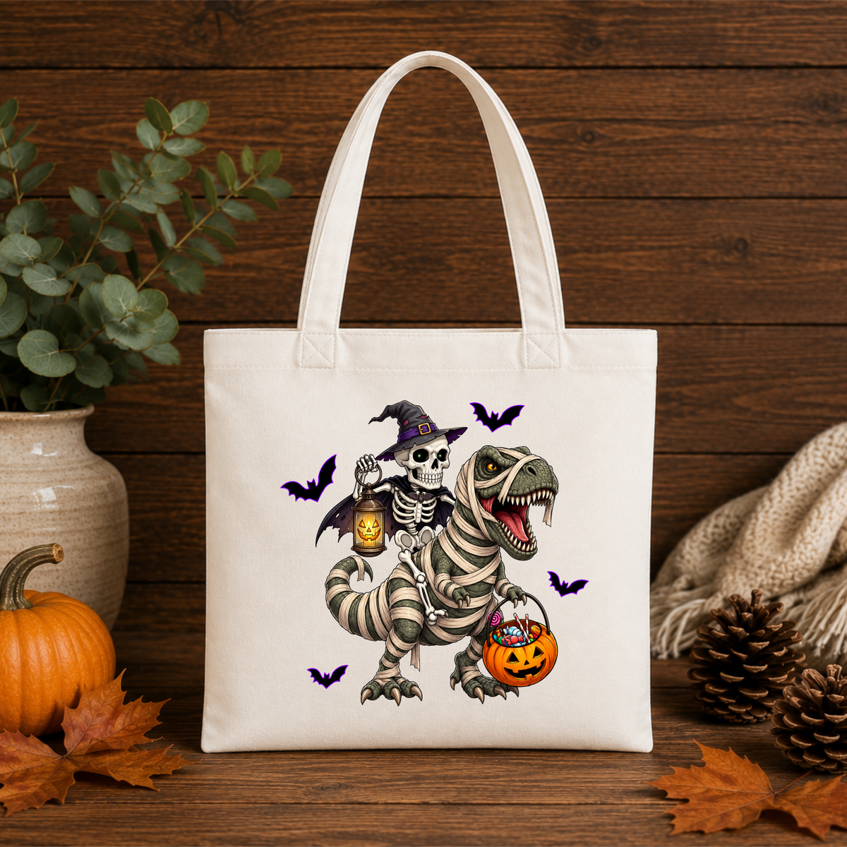 Halloween Dinosaur Tote Bag – Skeleton & Mummy T-Rex Trick or Treat Bag