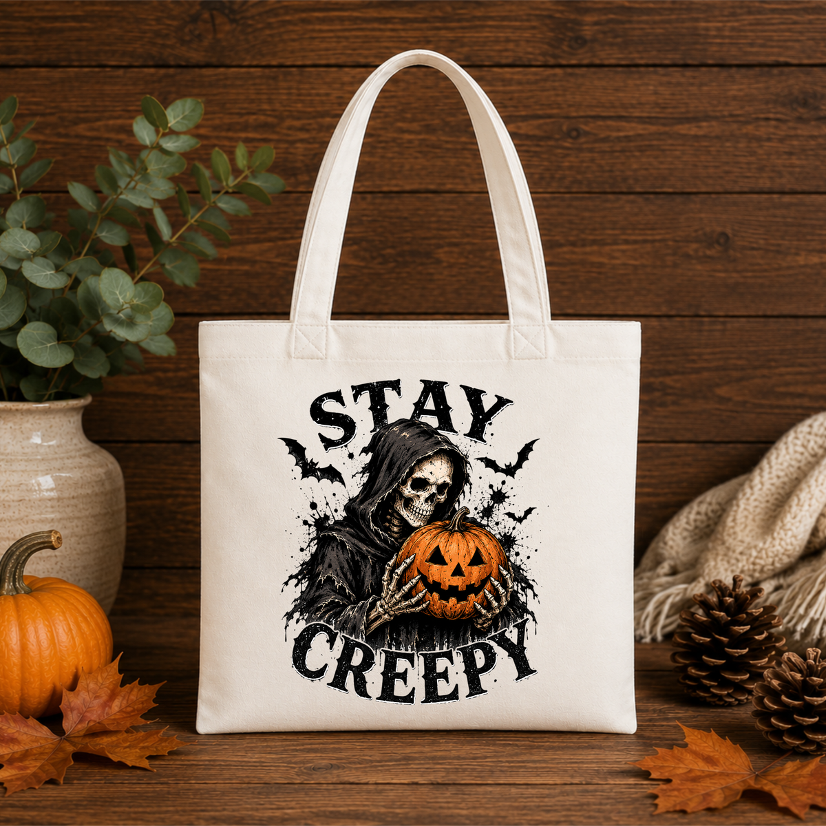 Stay Creepy Halloween Canvas Tote Bag – Skeleton Pumpkin Gothic Bag