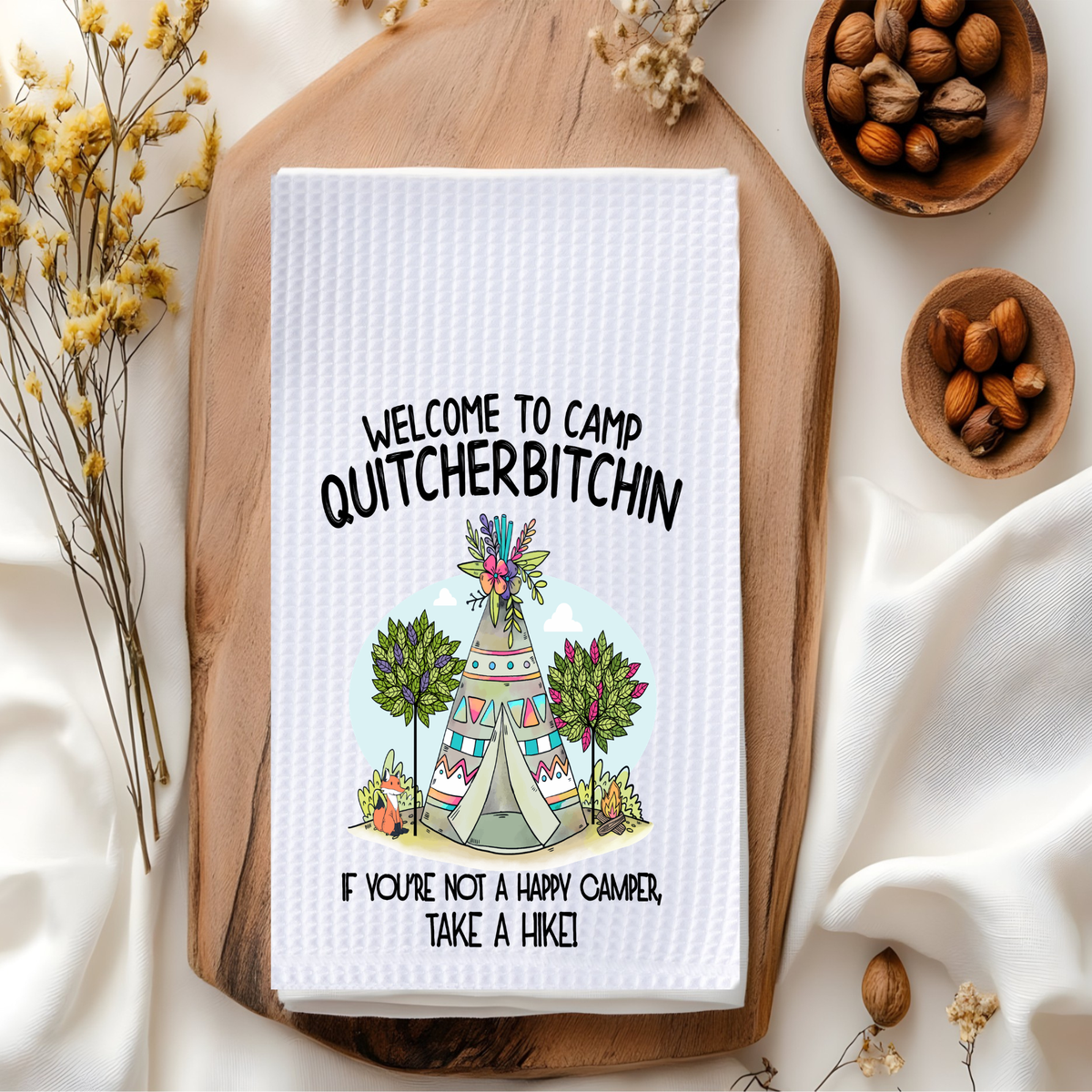 Camp Quitcherbitchin Funny Waffle Kitchen Towel – Happy Camper Camping Gift