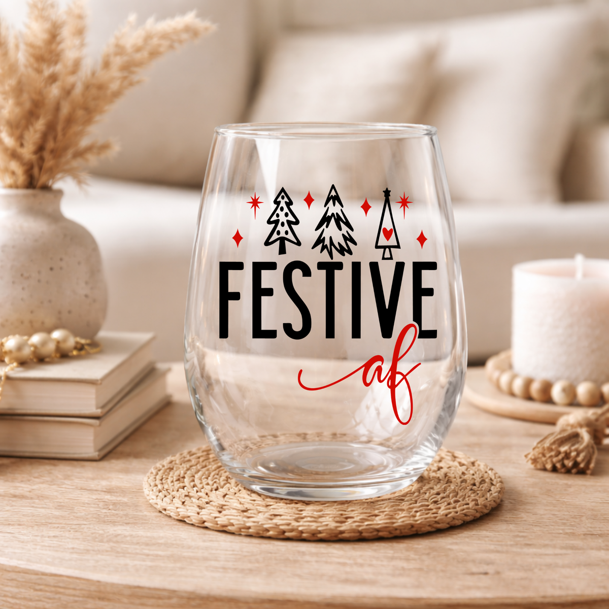 Festive AF Stemless Wine Glass – Funny Holiday Christmas Gift