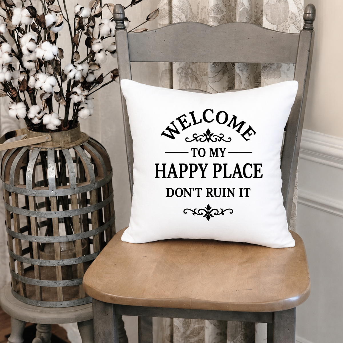 Welcome to My Happy Place Pillow Cover – Funny Farmhouse Decorative Throw Pillow
