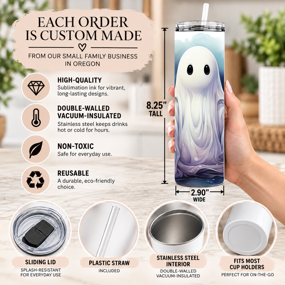 Halloween Ghost Tumbler – 20oz Skinny Stainless Steel Cup with Lid & Straw