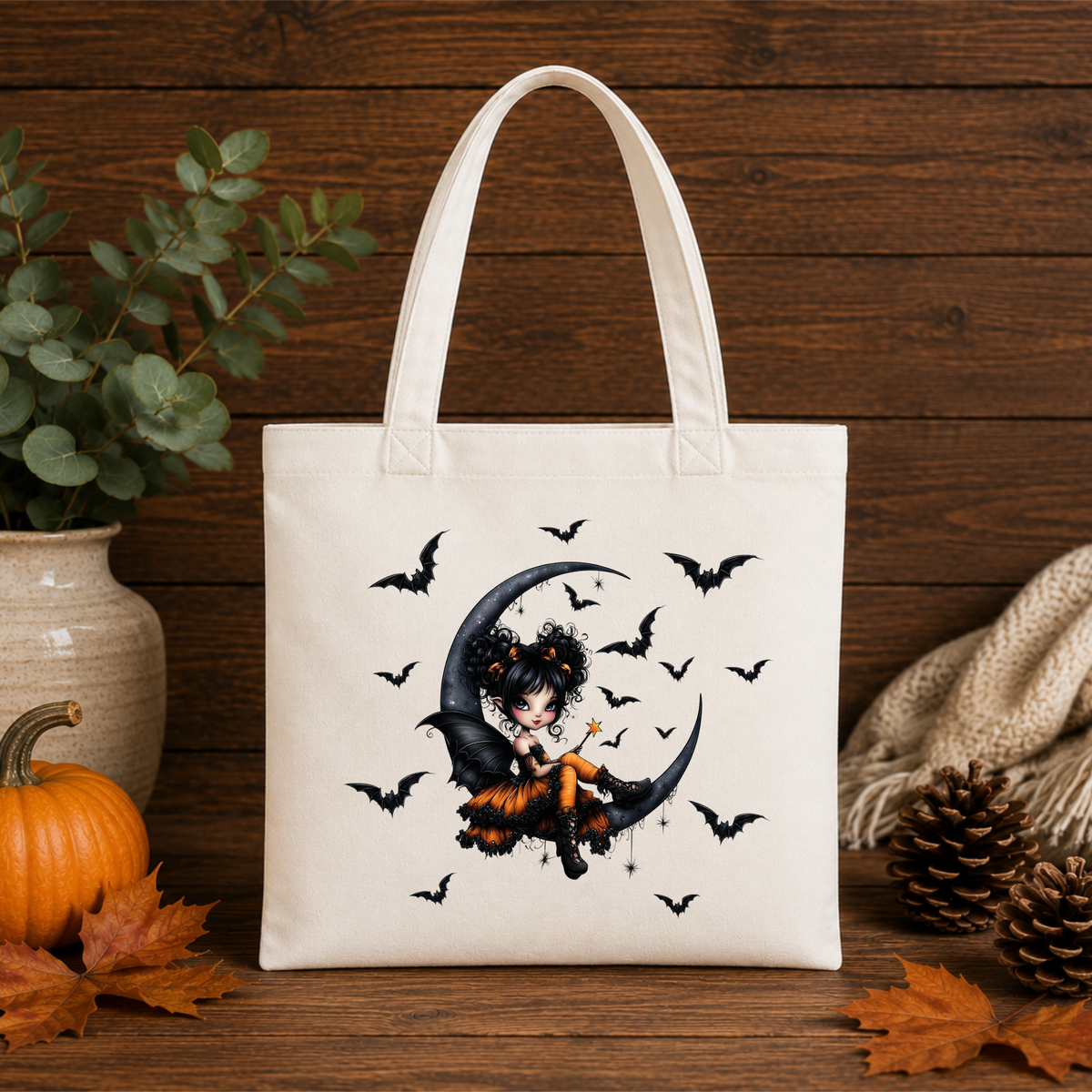 Halloween Canvas Tote Bag – Cute Witch & Bats Trick or Treat Bag